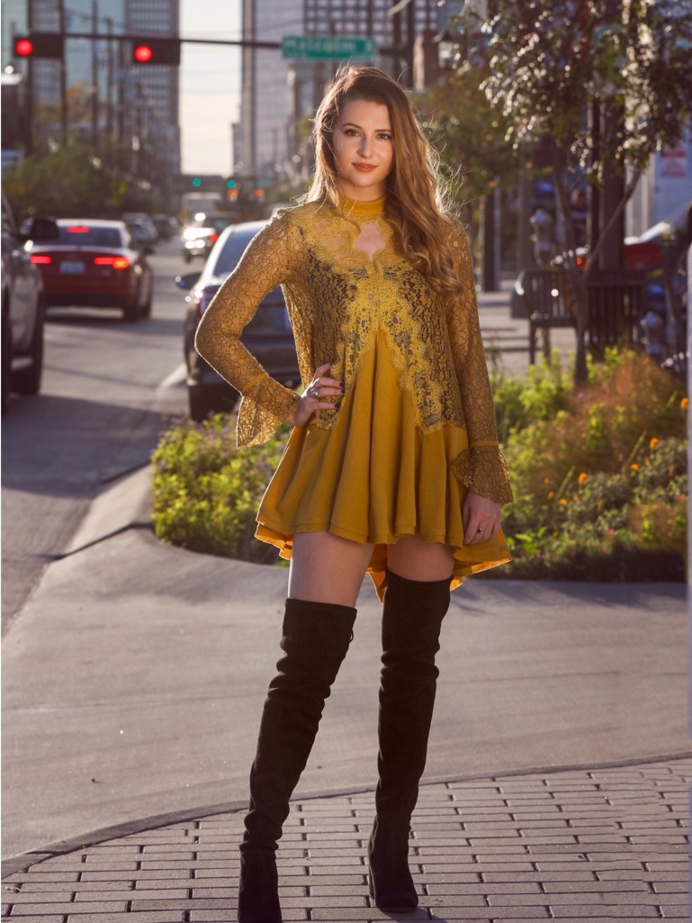 Mustard Lace & Pleated Layered Dress-Free People